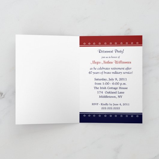 軍の退職パーティーのパーソナライズな招待状 招待状 (内部)