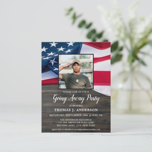 軍事お別れパーティー 愛国的なアメリカ国旗 フォト インビテーションポストカード (スタンド正面)