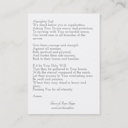 軍神聖なカードのそれらのための祈りの言葉 名刺 (裏面)