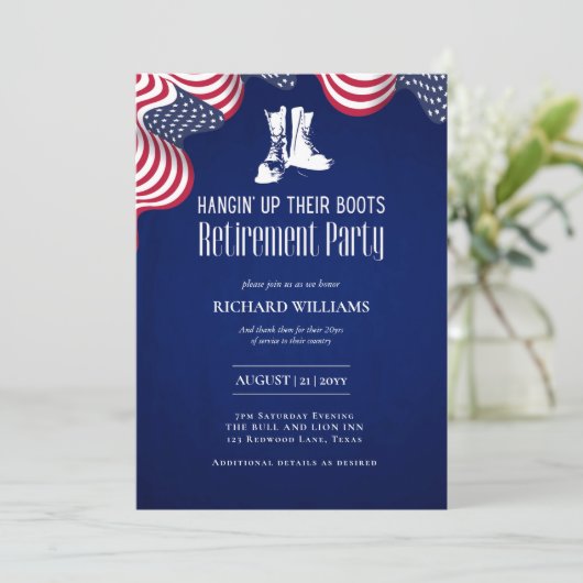 軍隊のぶら下がった引退は彼らのブーツ米国国旗をアップ 招待状 (スタンド正面)