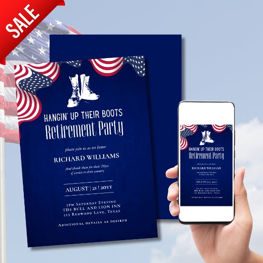 軍隊のぶら下がった引退は彼らのブーツ米国国旗をアップ 招待状