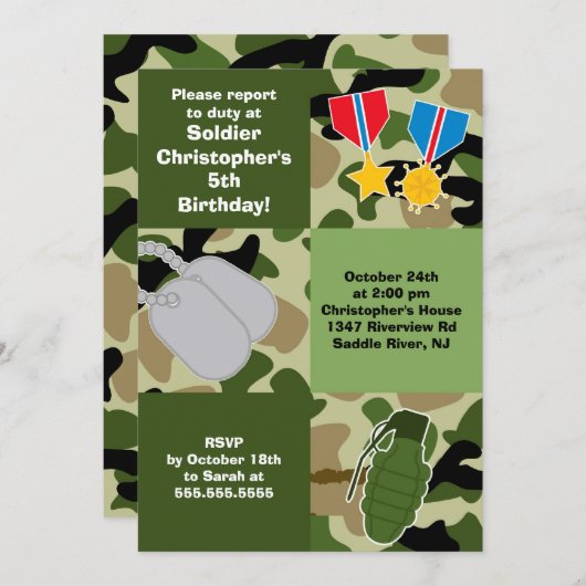 軍隊のカムフラージュの兵士の子供の誕生日のパーティー 招待状 (正面/裏面)