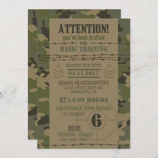 軍隊のジャングルのカムフラージュの軍隊の誕生日 招待状 (正面/裏面)