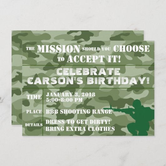 軍隊のパーティの招待状、ペイントボールのパーティの招待状 招待状 (正面/裏面)