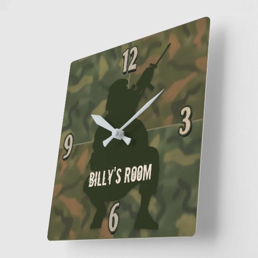 軍隊の子供の時計は-迷彩柄兵士個人化なり、 スクエア壁時計 (傾斜)