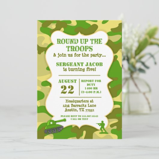 軍隊の戦わない兵隊の誕生日の招待状のカムフラージュ 招待状 (スタンド正面)