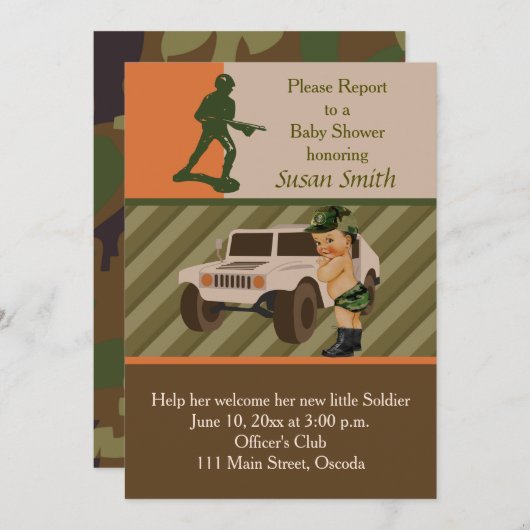 軍隊の緑のカムフラージュのベビーシャワーの招待 招待状 (正面/裏面)