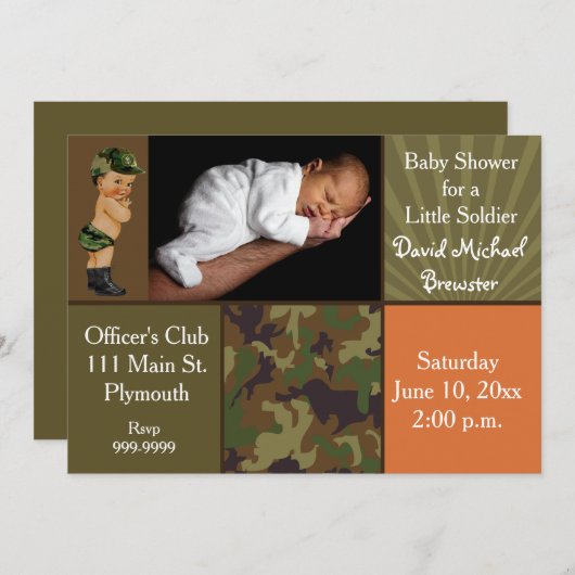 軍隊の緑のカムフラージュの写真のベビーシャワー 招待状 (正面/裏面)
