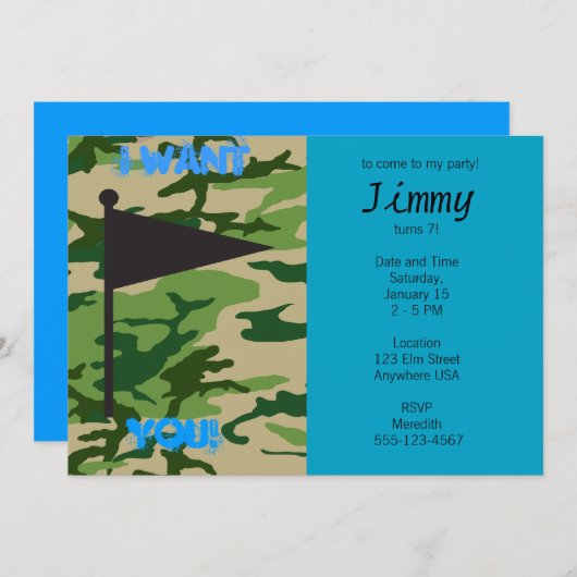 軍隊の迷彩柄の誕生日 招待状 (正面/裏面)