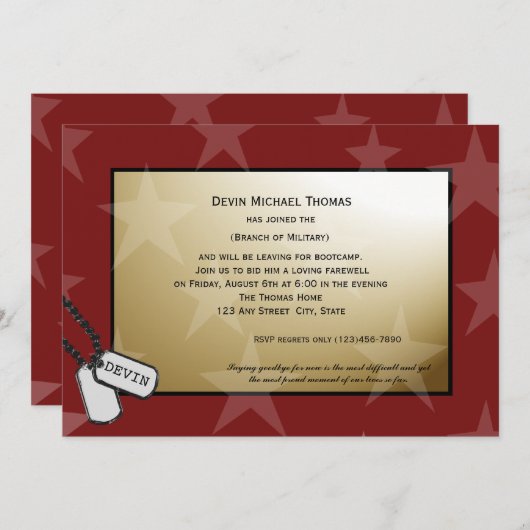 軍隊の遠くにパーティー金ゴールドと赤 招待状 (正面/裏面)