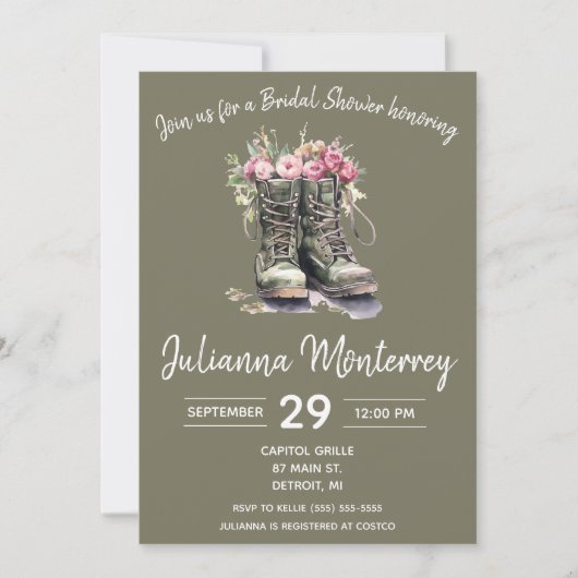 軍隊をテーマにしたブライダルシャワー、ブーツ、フローラ、陸軍 招待状 (正面)