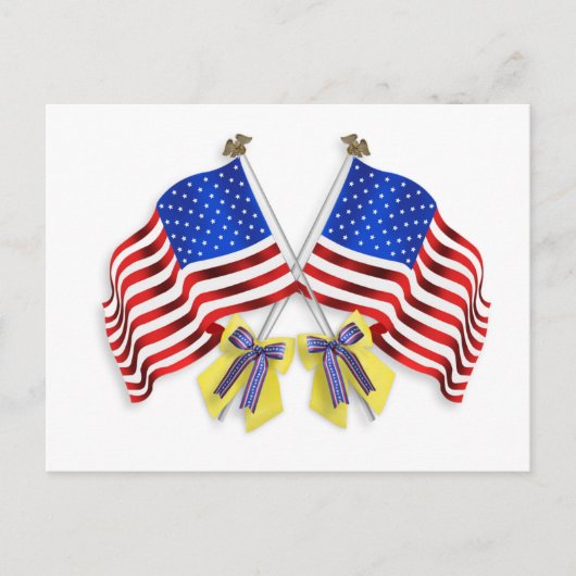 軍隊を支援の黄色いリボンとフラグ ポストカード (正面)