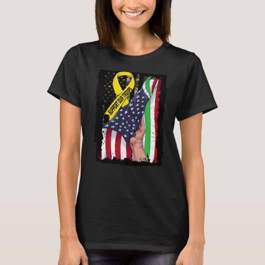 軍隊を支援薄緑ライン退役軍人赤金 Tシャツ (正面)