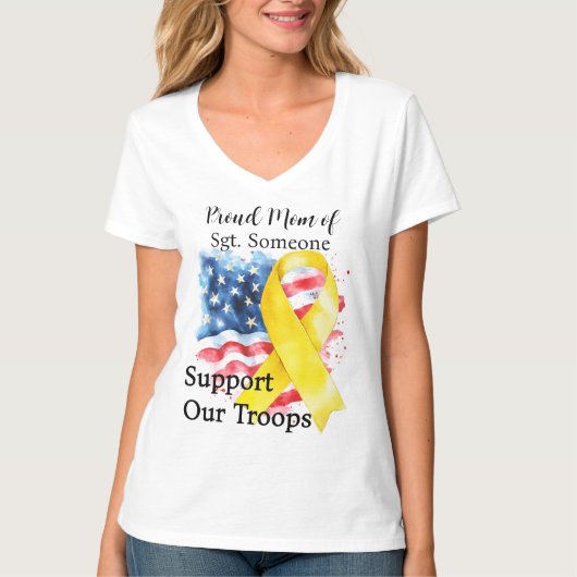 軍隊を支援黄認識度リボンVネック Tシャツ (正面)