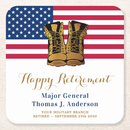 軍隊アメリカ国旗のブーツ退職パーティー スクエアペーパーコースター (正面)