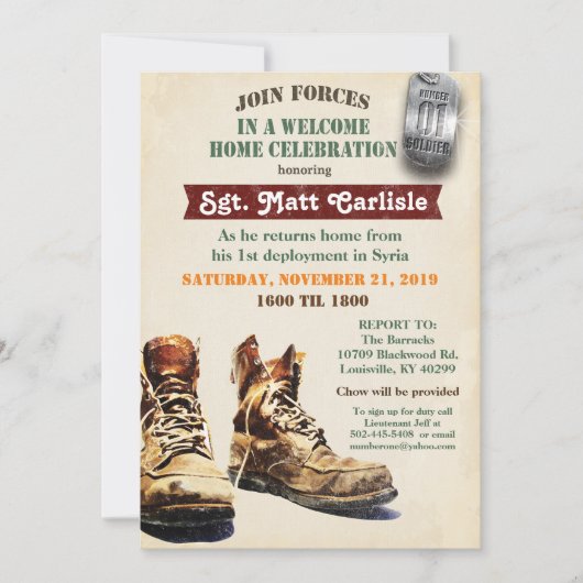 軍隊ウェルカムホームお祝い招待状 招待状 (正面)