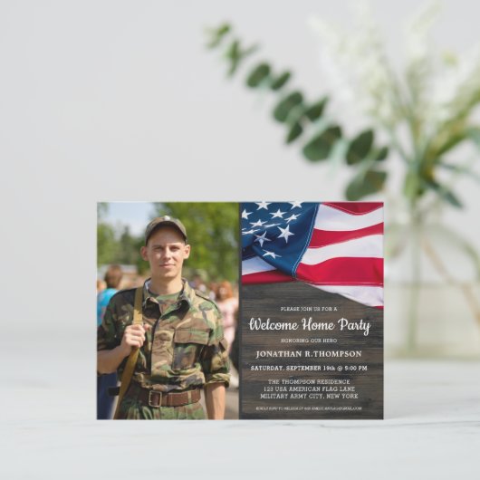 軍隊ウェルカムホームパーティーアメリカン国旗 インビテーションポストカード (スタンド正面)
