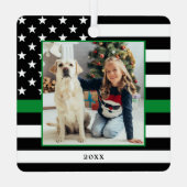 軍隊カスタムクリスマスフォト薄いグリーンライン メタルオーナメント (裏面)