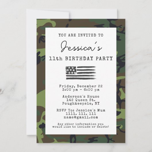 軍隊カモフラージュUSA国旗の写真誕生日 招待状 (正面)