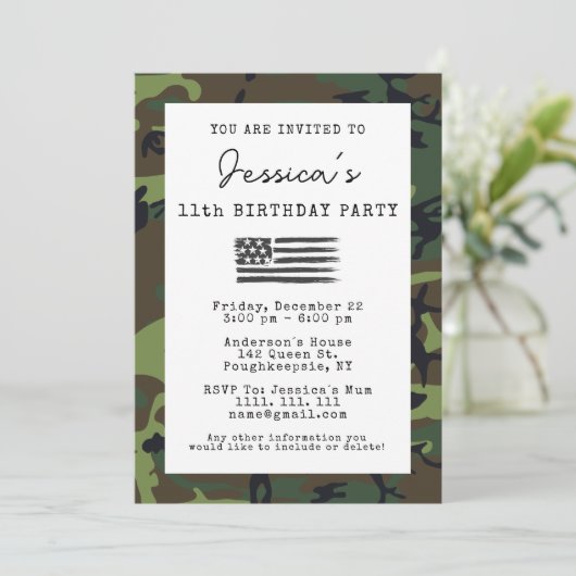 軍隊カモフラージュUSA国旗の写真誕生日 招待状 (スタンド正面)