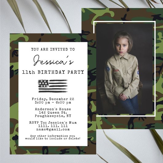 軍隊カモフラージュUSA国旗の写真誕生日 招待状