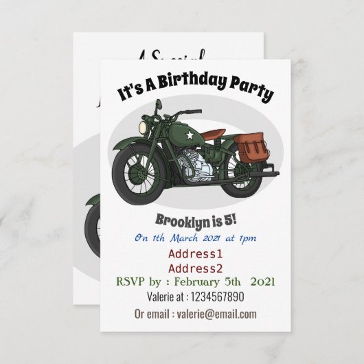軍隊クルーザーのモーターサイクルイラストレーション 招待状 (正面/裏面)