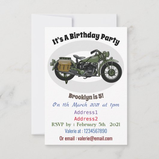 軍隊クルーザーのモーターサイクルイラストレーション 招待状 (正面)