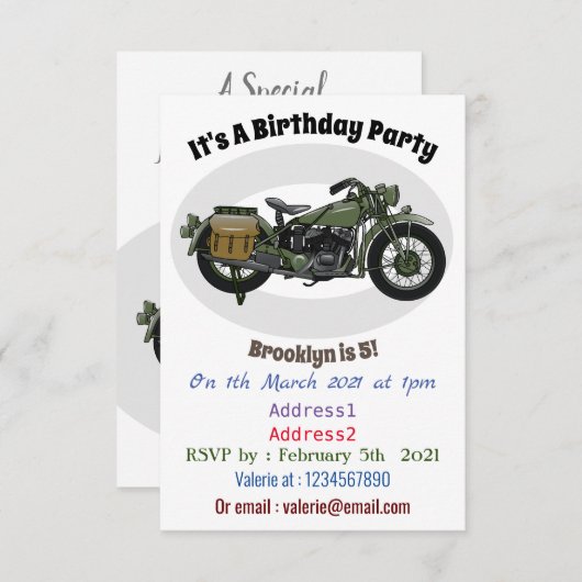 軍隊クルーザーのモーターサイクルイラストレーション 招待状 (正面/裏面)