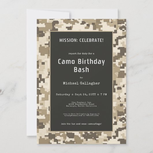 軍隊ソルジャーサンドデジタルカモフラージュ誕生日 招待状 (正面)