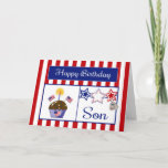 軍隊ソン誕生日カード カード<br><div class="desc">この愛国的な誕生日カードはあなたの軍隊息子スマイルを作る。背景赤と白、星の付いたチョコレートカップケーキ、アメリカンフラッグ、旗のハートとロウソク、赤、白、青の星、「USA」の犬のラベルエンボス、白の文字の「ハッピーバースデー」の付いた青のバナー。©2015 Dog Tags & Combat Boots軍隊カードby Sherry Harris</div>
