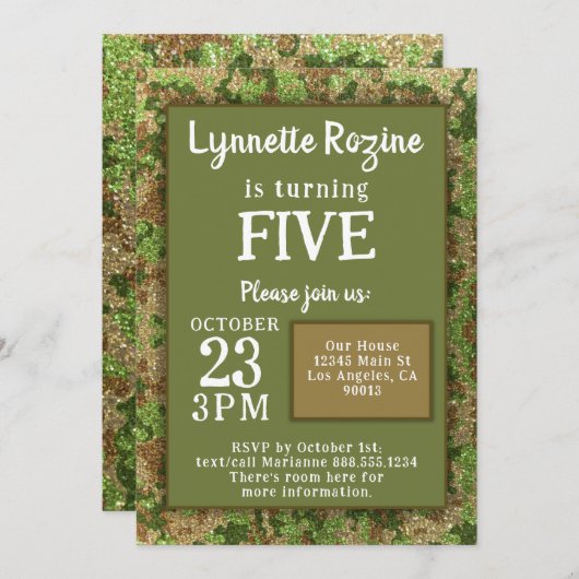 軍隊ファミリーカモフラージュグリッターバースデーパーティー 招待状 (正面/裏面)