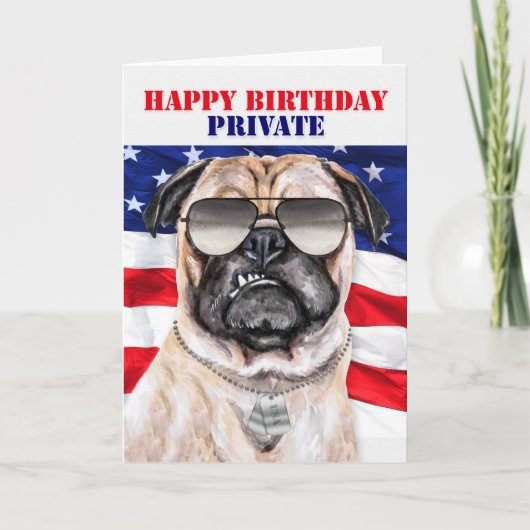 軍隊プライベートおもしろいとPug Soldier's誕生日 カード (正面)