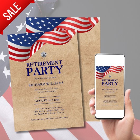 軍隊リタイアシルバーオーク素朴リーフ米国国旗 招待状