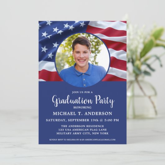 軍隊卒業USA国旗の写真愛国心 招待状 (スタンド正面)