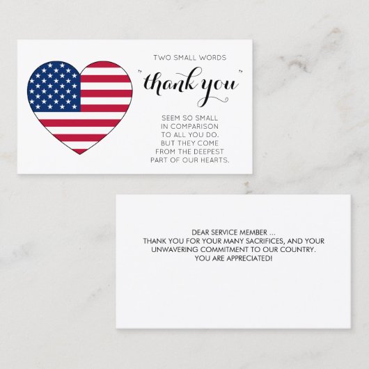 軍隊愛国的なハートアメリカ国旗ありがとう 名刺 (正面/裏面)