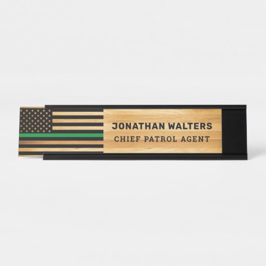 軍隊細緑線旗ゲーム用看守ウッド デスクネームプレート (正面)