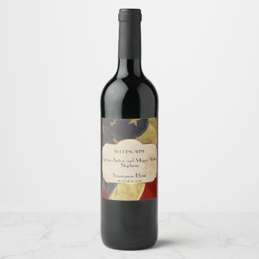 軍隊結婚のワイン愛国的ヴィンテージ国旗 ワインラベル (正面)