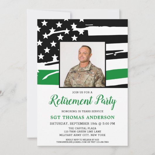 軍隊薄い緑のラインカスタムの写真の退職 招待状 (正面)