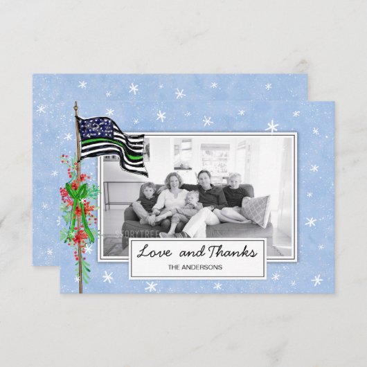 軍隊薄い緑の線のフラグ家族の写真 サンキューカード (正面/裏面)