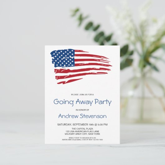 軍隊行遠くにくパーティー赤青米国国旗 案内ポストカード (スタンド正面)