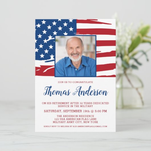 軍隊退職カスタムパーティー写真USA国旗 招待状 (スタンド正面)