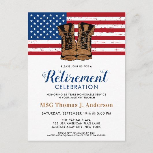 軍隊退職パーティー軍がアメリカ国旗を立てる インビテーションポストカード (正面)