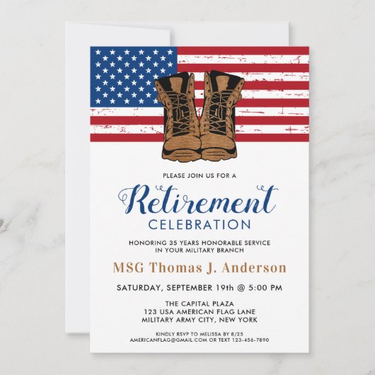 軍隊退職パーティー軍がアメリカ国旗を立てる 招待状 (正面)