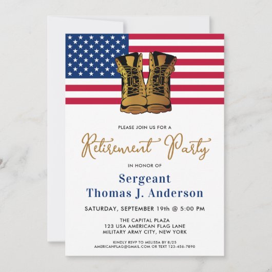 軍隊退職パーティー金ゴールドブーツアメリカ国旗 招待状 (正面)