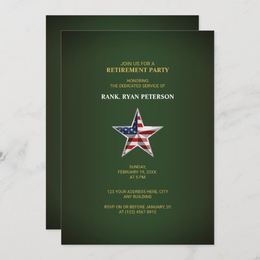 軍隊退職パーティー – 愛国的なスターグリーン 招待状 (正面/裏面)