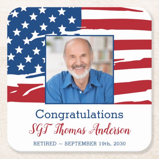軍隊退職写真愛国的アメリカ国旗 スクエアペーパーコースター (正面)