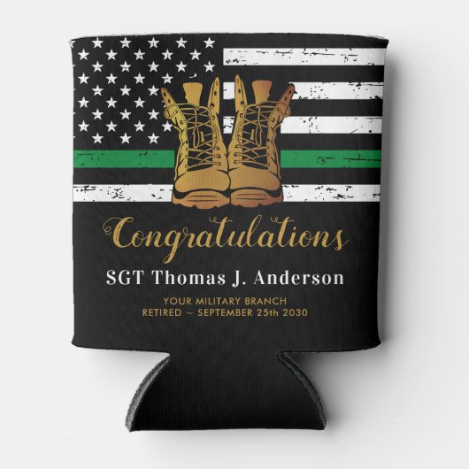 軍隊退職軍が薄い緑の線をブーツ 缶クーラー (正面)