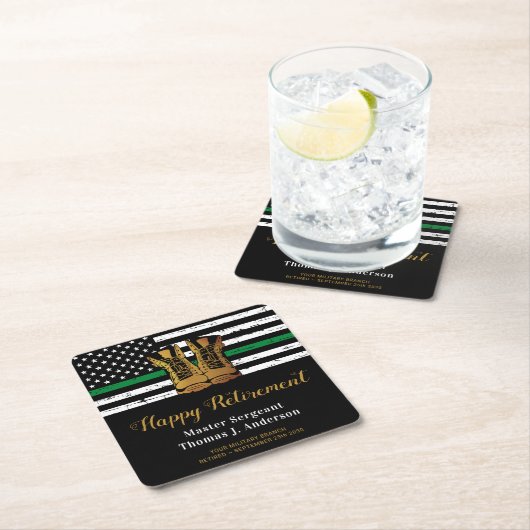 軍隊退職軍の薄い緑の線の旗 スクエアペーパーコースター (インサイチュ)