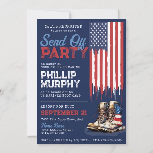 軍隊送信オフ米国国旗のブーツパーティー遠くに行 招待状 (正面)
