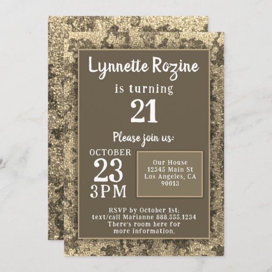 軍隊金ゴールドカモフラージュグリッターバースデーパーティー 招待状 (正面/裏面)